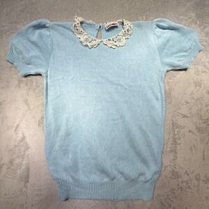 Vintage 80s Penrose Blue Lace Collar Puff Sleeve Knit Sweater Top Small